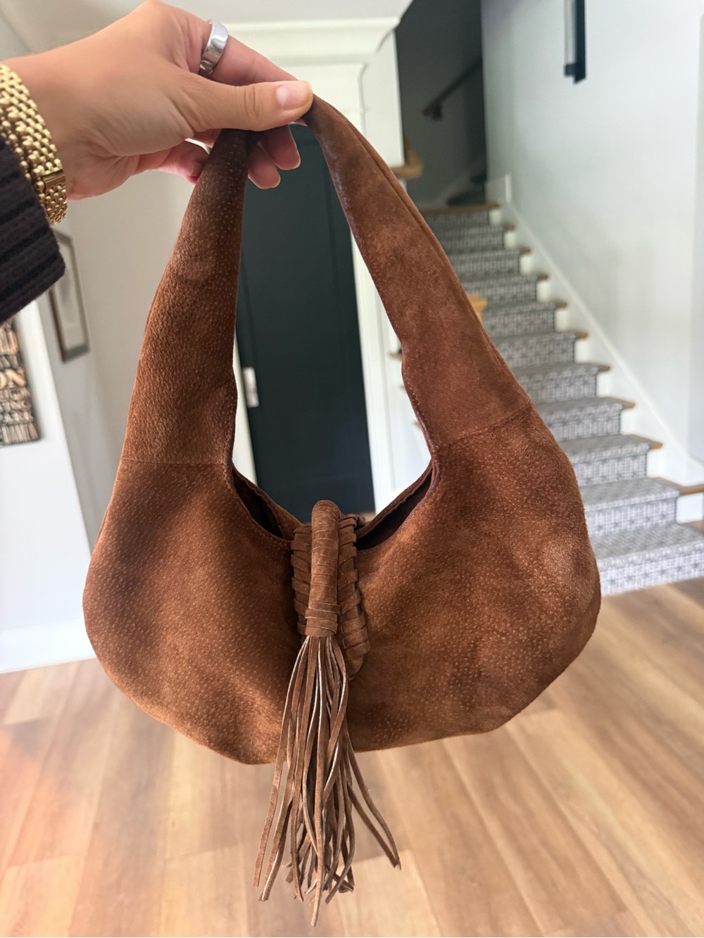 Zara Brown Suede Hobo Bag with Braided Tassel